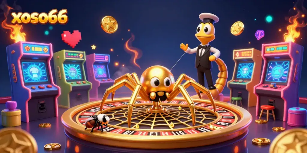 xoso66 sees a golden spider croupier and a fly placing bets in a vibrant casino aurora.