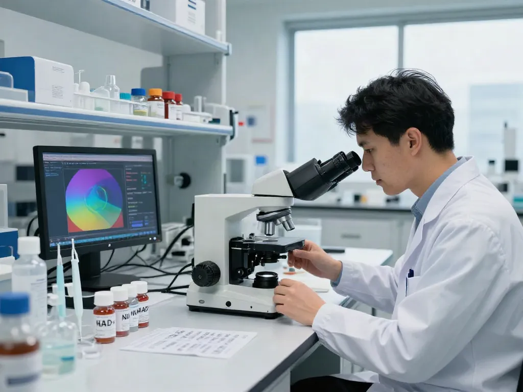 NAD+ peptide research in a modern lab setting with scientists analyzing samples.
