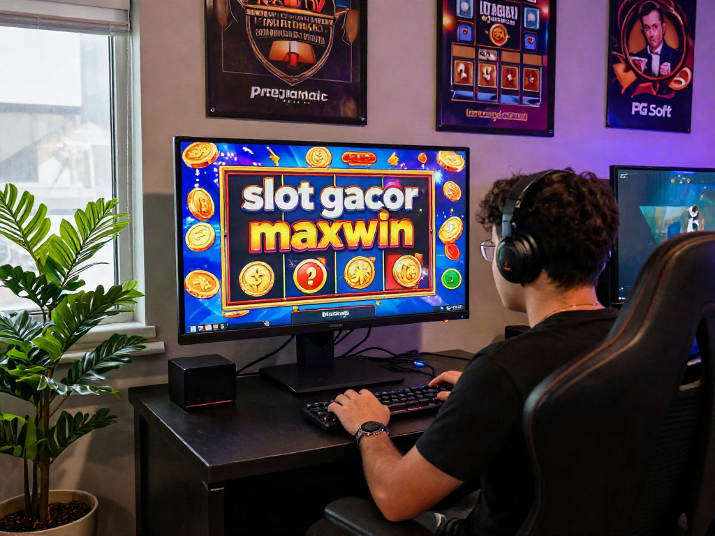 Player enjoying slot gacor maxwin at a vibrant online casino, surrounded by gaming elements and exciting visuals.