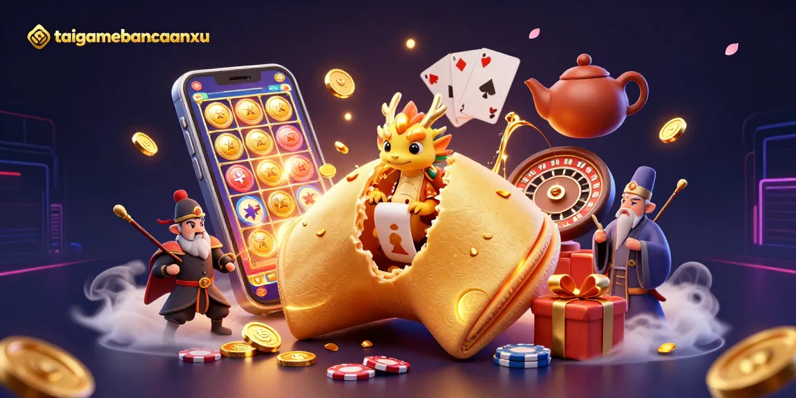 taigamebancaanxu captures a vibrant casino scene with a dragon, fortune cookie, and golden treasures.