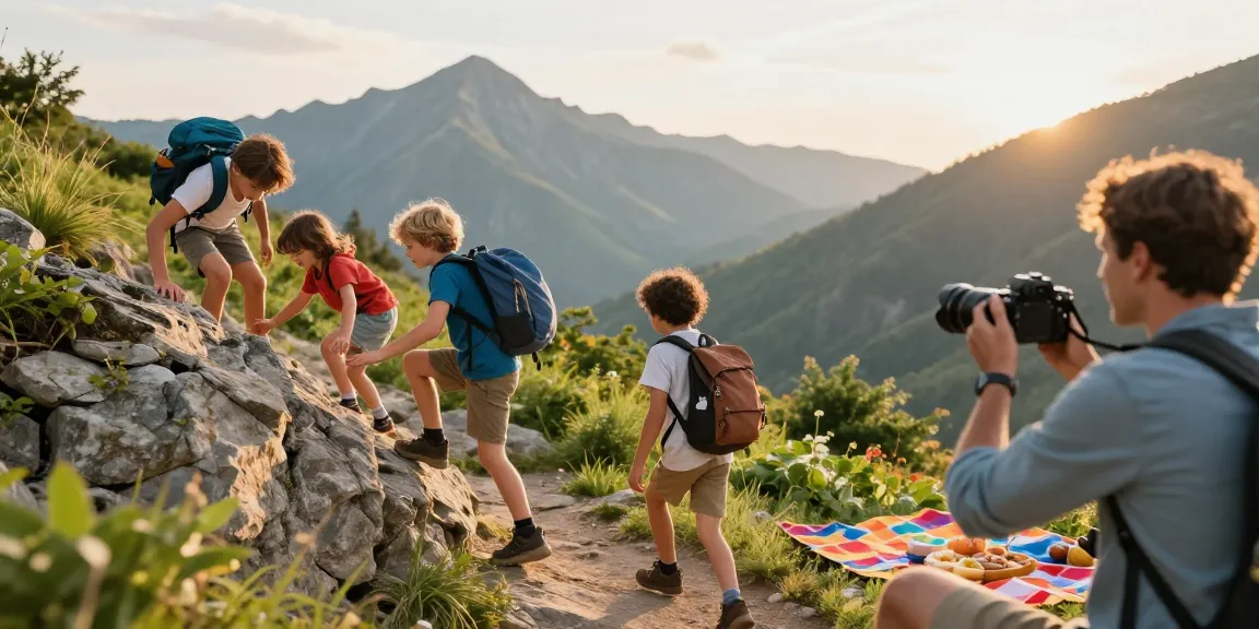 A family enjoying an outdoor adventure at thatmountainlife.com with scenic mountain views and a joyful atmosphere.