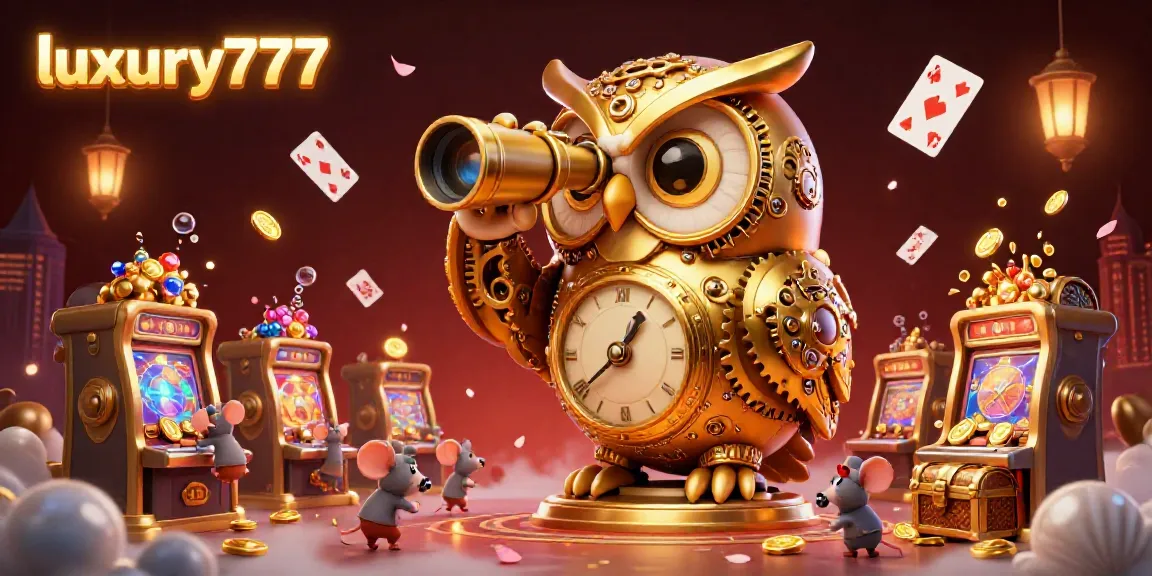 Experience the vibrant world of luxury777 with our 3D illustration of a golden owl overseeing a lively casino floor.