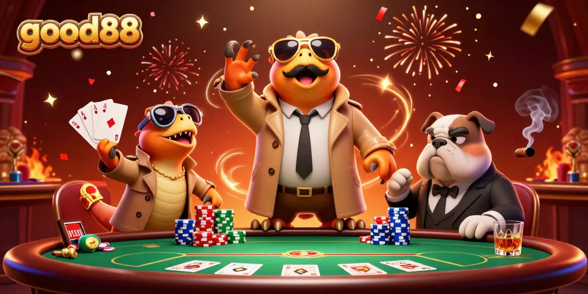 Three raptors disguised to enter good88 VIP casino, with poker elements and festive atmosphere.