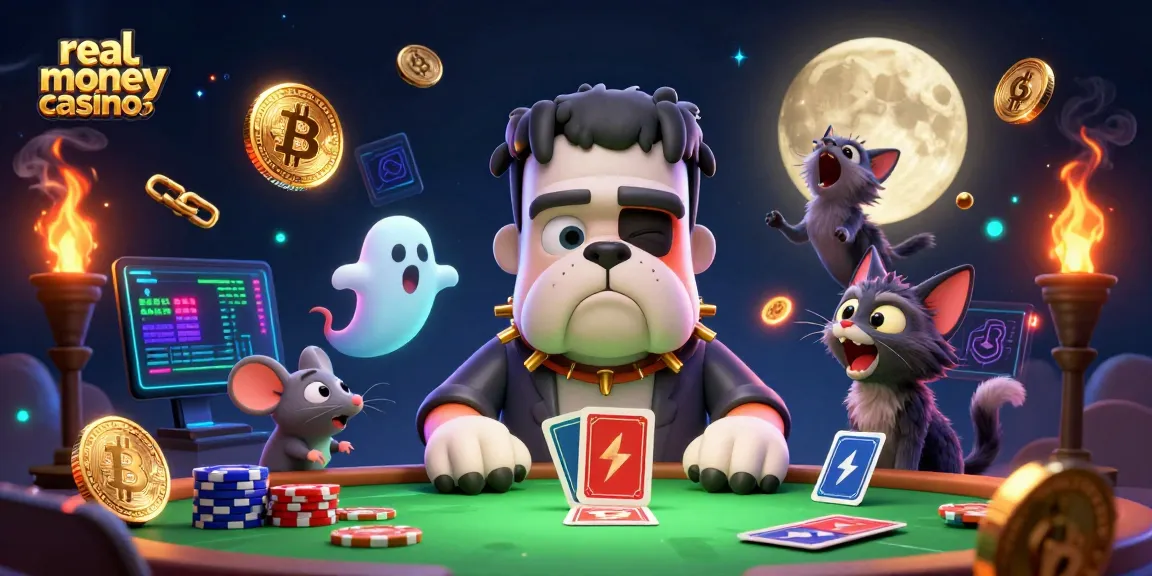 Engage with real money casinos featuring a whimsical Frankenstein bulldog dealer and ghostly companions.