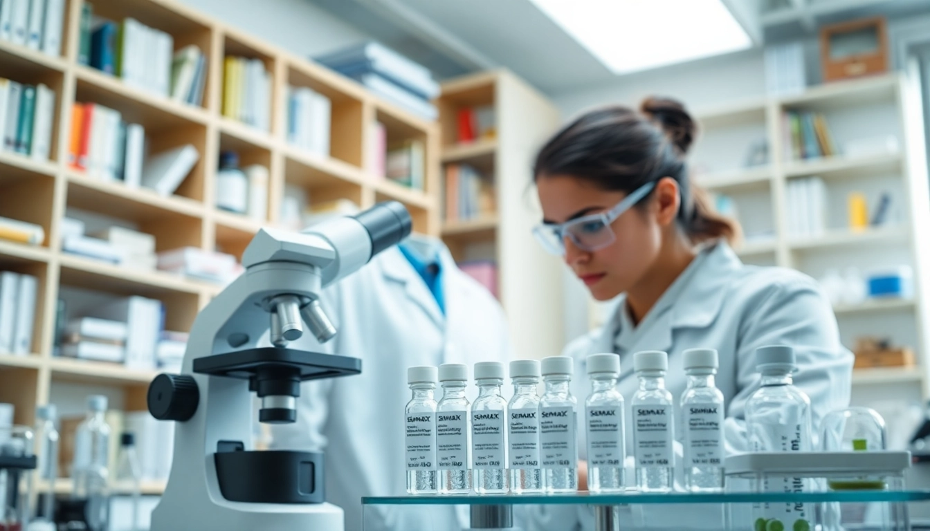 Scientist examining semax 30mg peptides in a research lab setting