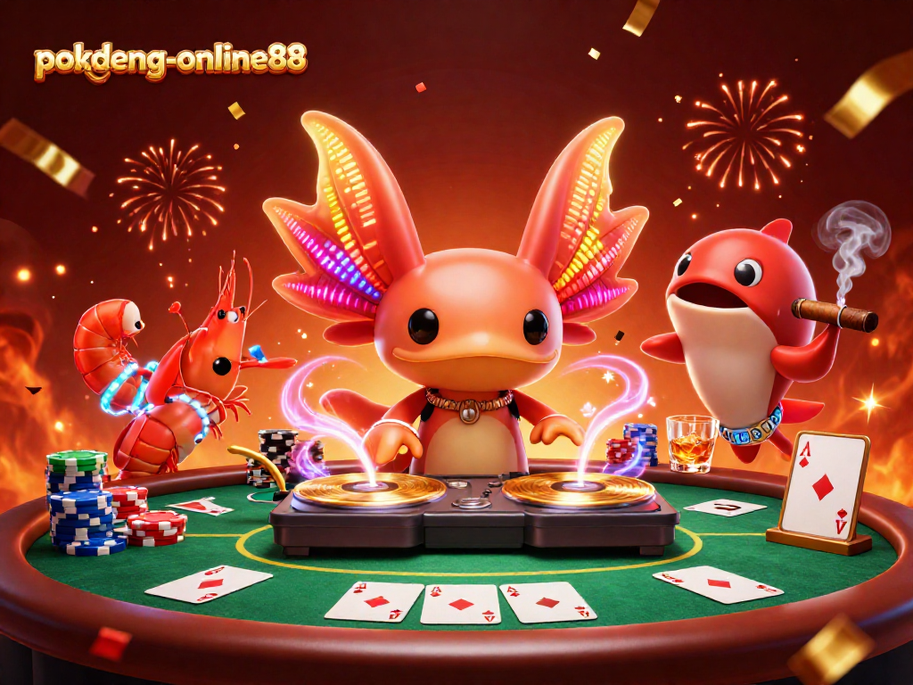 Experience the thrilling gameplay of pokdeng-online88 at an exciting poker table with vibrant characters and glowing elements.