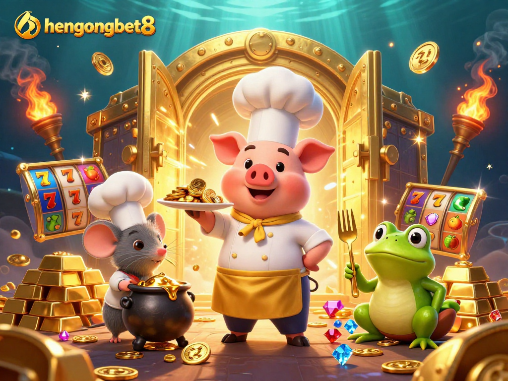 Experience thrilling wins with hengongbet8 featuring a pig chef presenting gold coins in a vibrant 3D casino illustration.