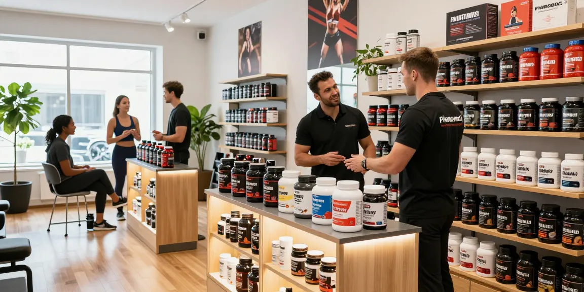 Pharmaqo shop offering premium steroids and health supplements in a vibrant indoor setting.