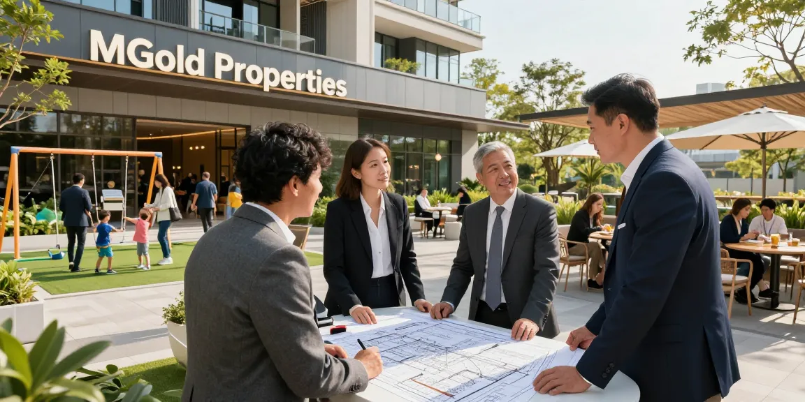 Dynamic commercial property scene at www.mgoldproperties.com, showcasing professionals discussing plans at MANTRA88.