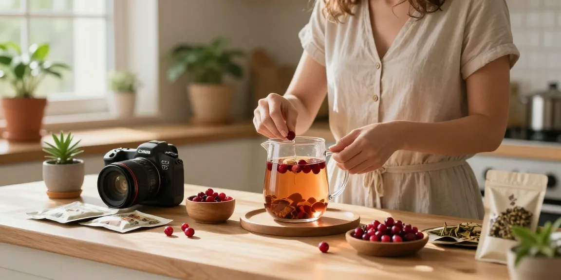 Actifs naturels confort urinaire, femme préparant une infusion à base de canneberge dans une cuisine lumineuse.