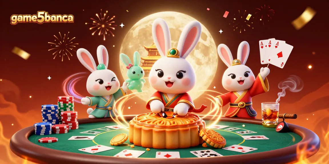 Join the fun at game5banca, where a moon rabbit creates poker chip-filled mooncakes!