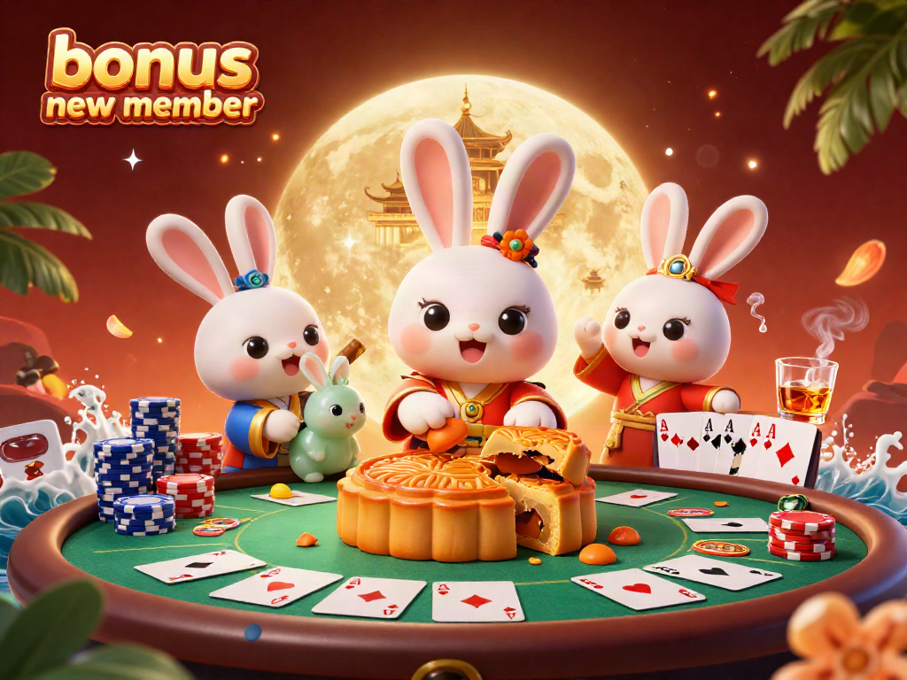 Join the excitement with bonus new member offers revealed by a moon rabbit in a vibrant casino scene.