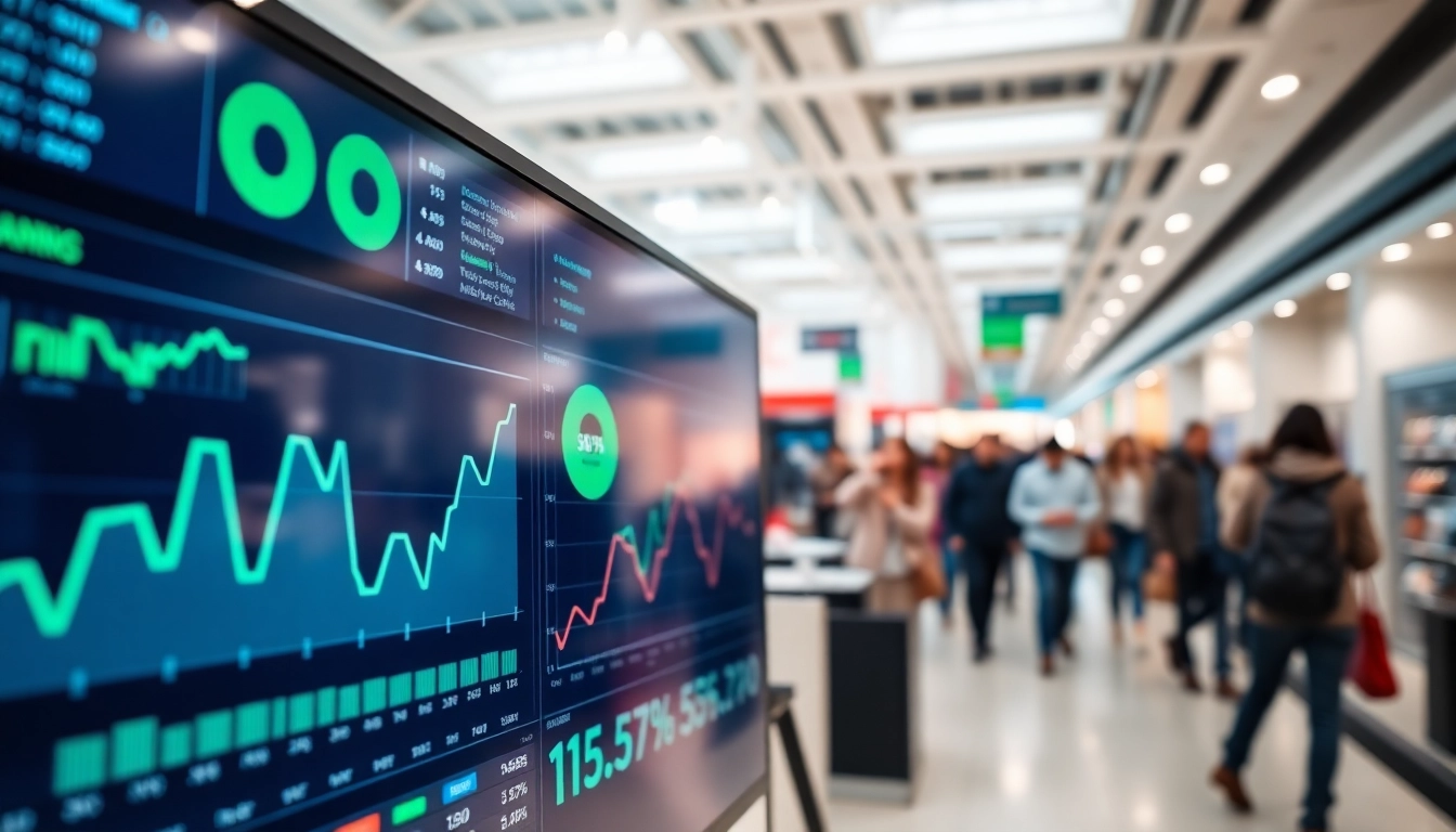 Analyze customer behavior with retail footfall analytics data displayed in a busy store setting.
