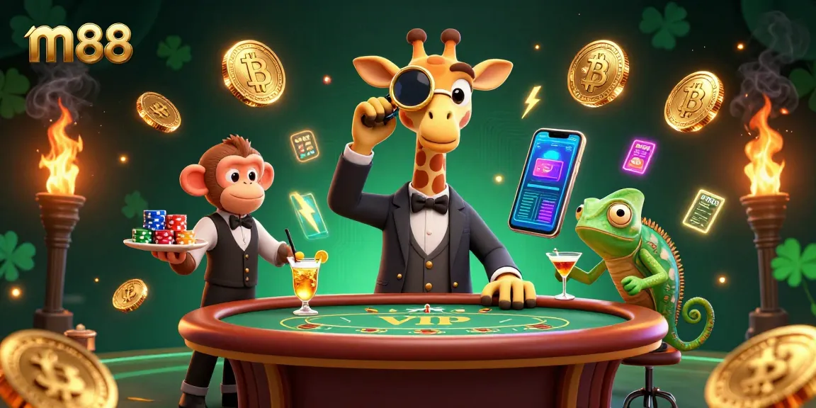 Experience thrilling moments at m88 casino, featuring a high-roller giraffe and vibrant gaming elements.