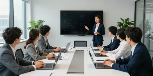 SEO bureau Gouda team discussing digital marketing strategies in a modern conference room.