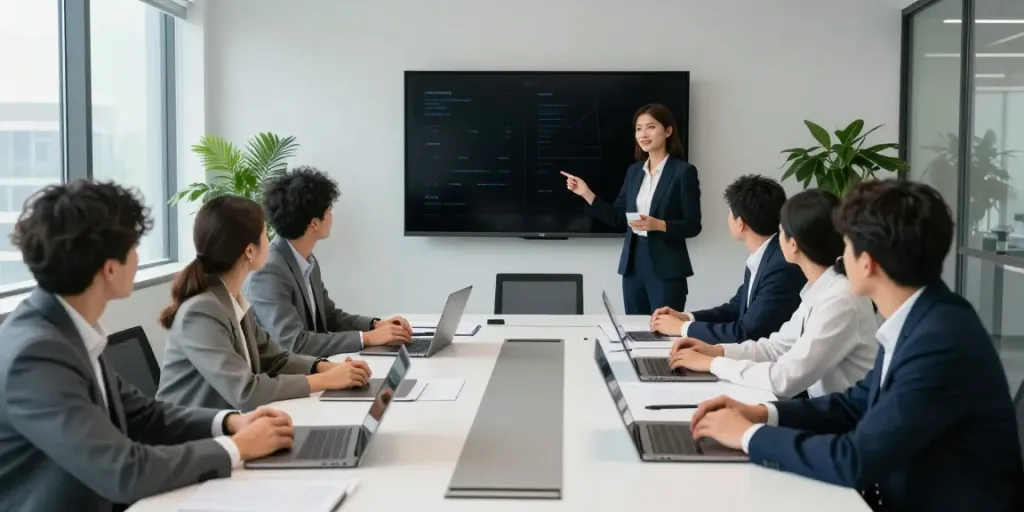 SEO bureau Gouda team discussing digital marketing strategies in a modern conference room.