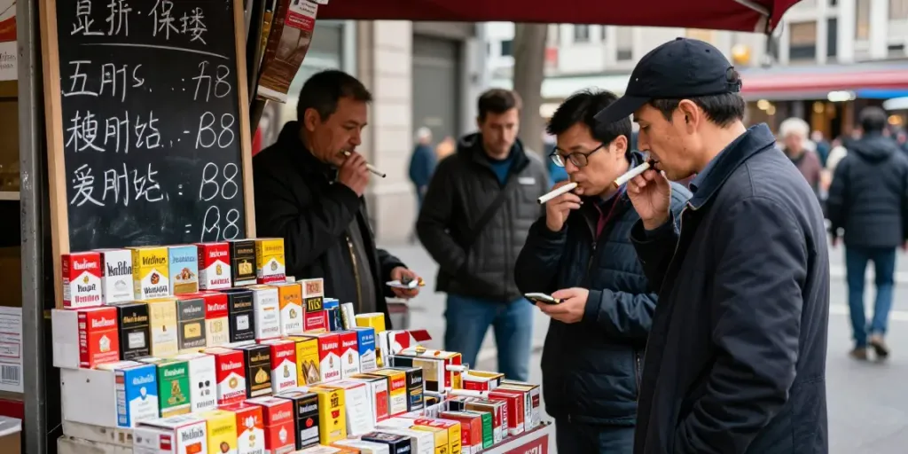 Popular outdoor cigarette vendor showcasing cheap tobacco and cigarettes online with consumers browsing.