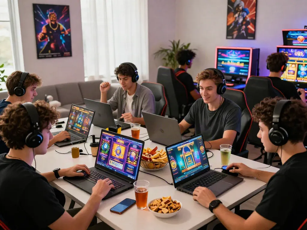 Exciting scene of players engaging with slot gacor maxwin games on multiple devices in a stylish gaming room.
