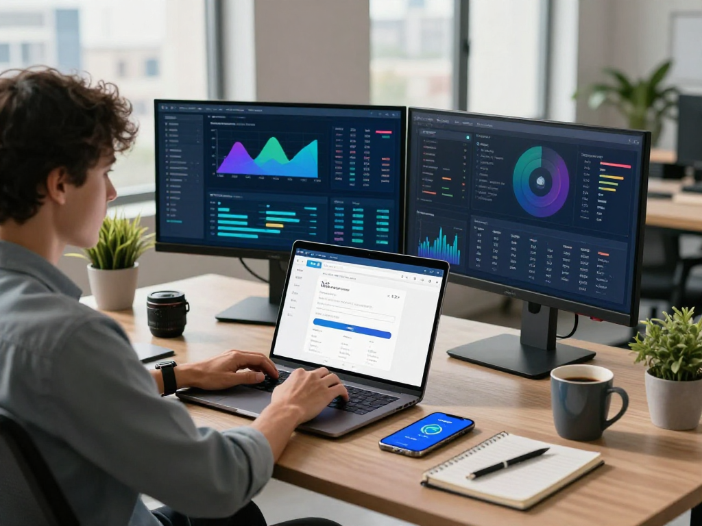 Person logging into mantra88 login on a laptop in a vibrant tech workspace, showcasing cyber security elements and modern desk setup.