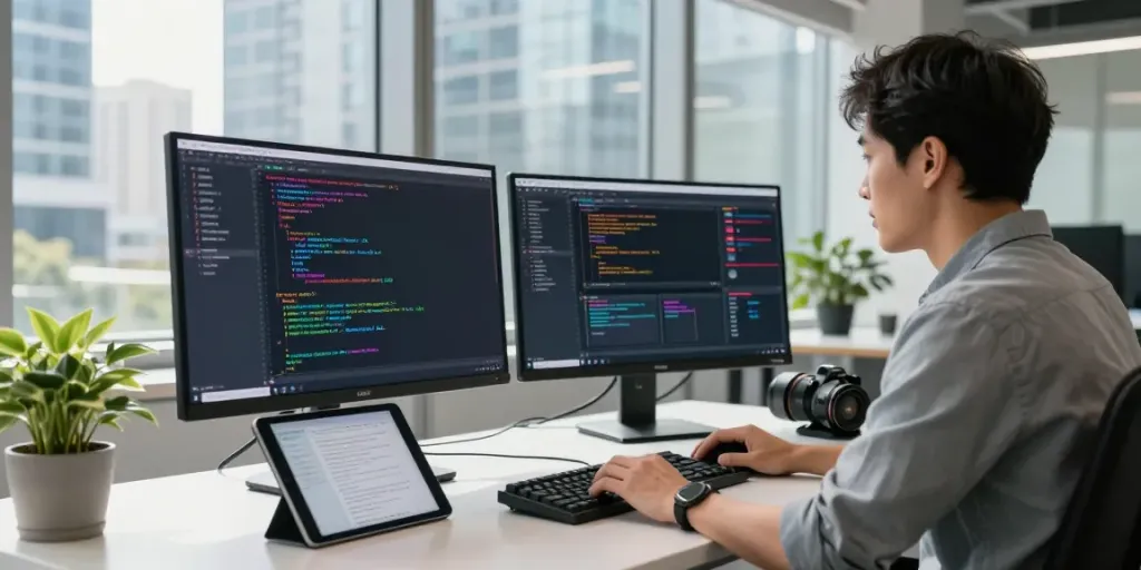 Developer engaged in coding with vibrant screens, visit this page for tech insights.