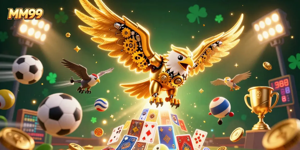 Experience the excitement of MM99 with a golden eagle soaring through a vibrant casino scene filled with sports and gaming elements.
