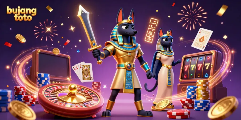 Engage in exciting gaming with bujang toto, featuring Anubis, coins, and mystical elements.