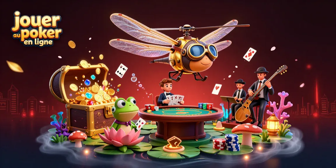 Jouer au poker en ligne sur un casino exceptionnel avec un croupier grenouille et un pilote libellule dans une scène dynamique.