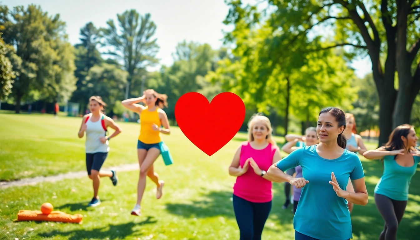 A dynamic scene illustrating Heart Health Tips through people engaging in healthy activities.