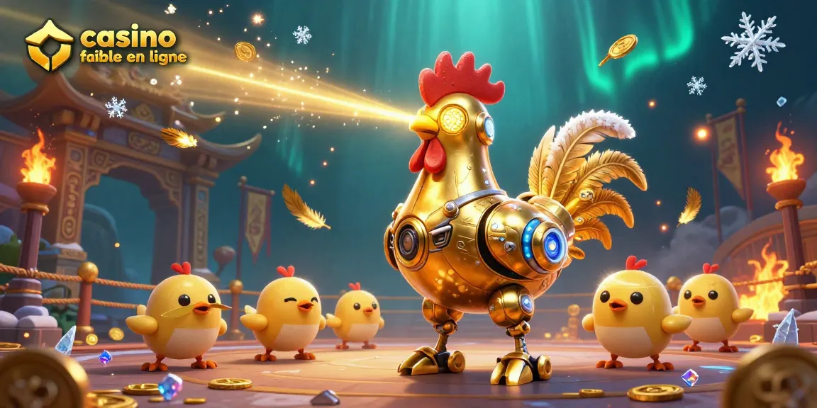 Célébrez vos gains sur un casino fiable en ligne avec notre illustration captivante du robot coq et ses drones.