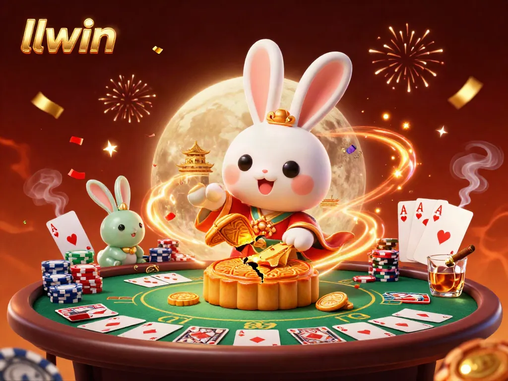 Experience llwin's vibrant casino fun with 3D moon rabbit characters surrounded by poker elements.