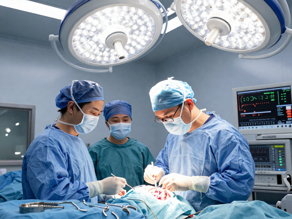 Beyin tümörü ameliyatı procedure with neurosurgeon and surgical team in the operating room.