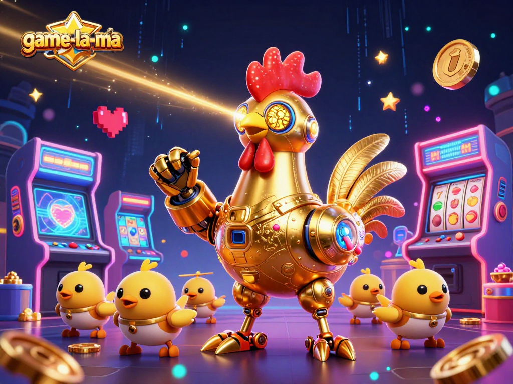 Experience thrilling gameplay with game-la-ma's golden rooster robot amidst vibrant casino elements.