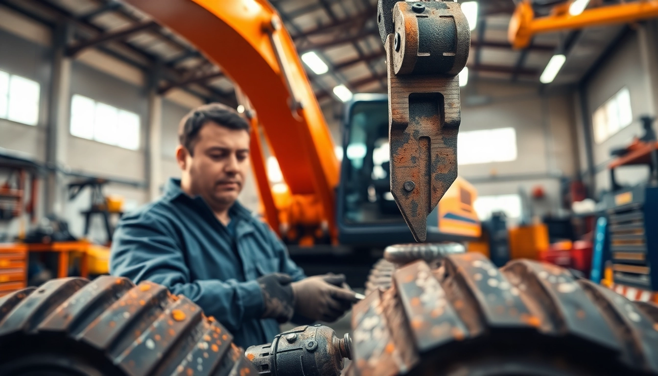 Technician conducting equipment service on an excavator in a modern workshop.