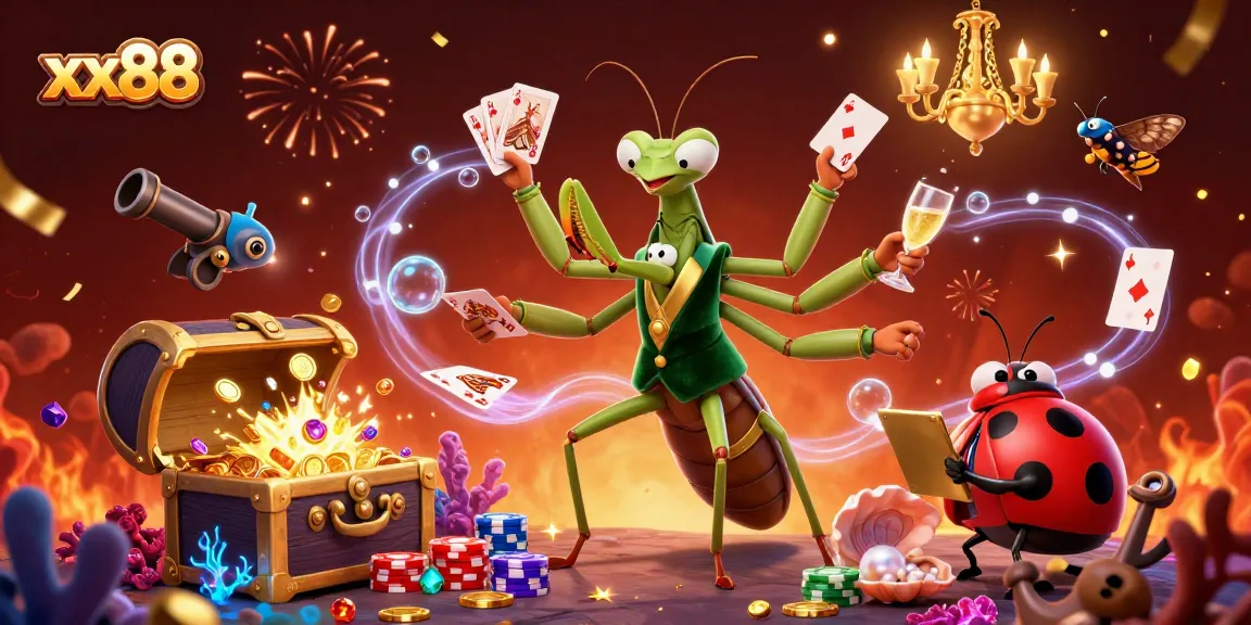 xx88 players engaging in thrilling action, with vibrant casino elements including cards and coins