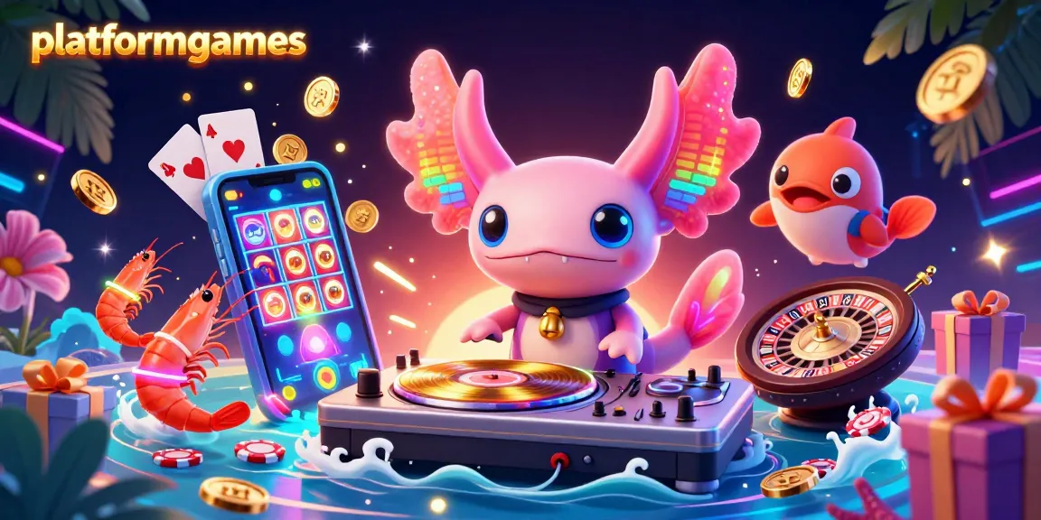 Engage with platformgames as the neon axolotl DJ spins slots amid vibrant sea creatures and dynamic casino elements.