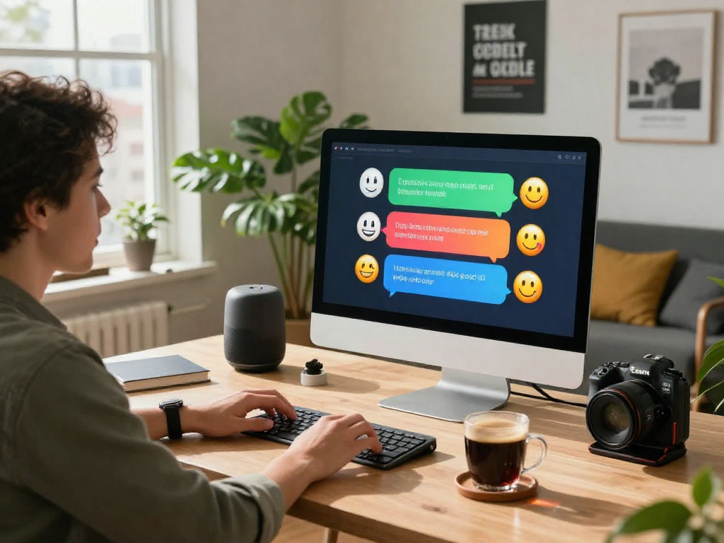Dynamic home office with spicy chat ai interaction on screen, showcasing vibrant chatbot conversation and a cozy workspace.