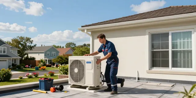 Air Conditioner Install Calgary with technician installing unit on rooftop, summer neighborhood.