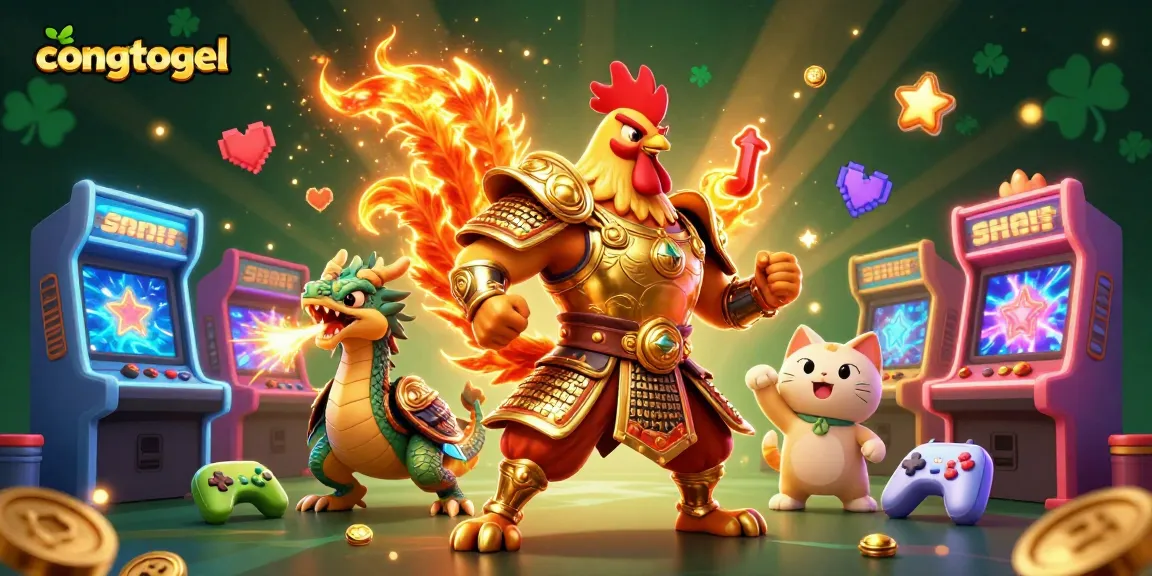 Experience congtogel excitement with a cartoon rooster warrior and dragon in a vibrant casino scene.