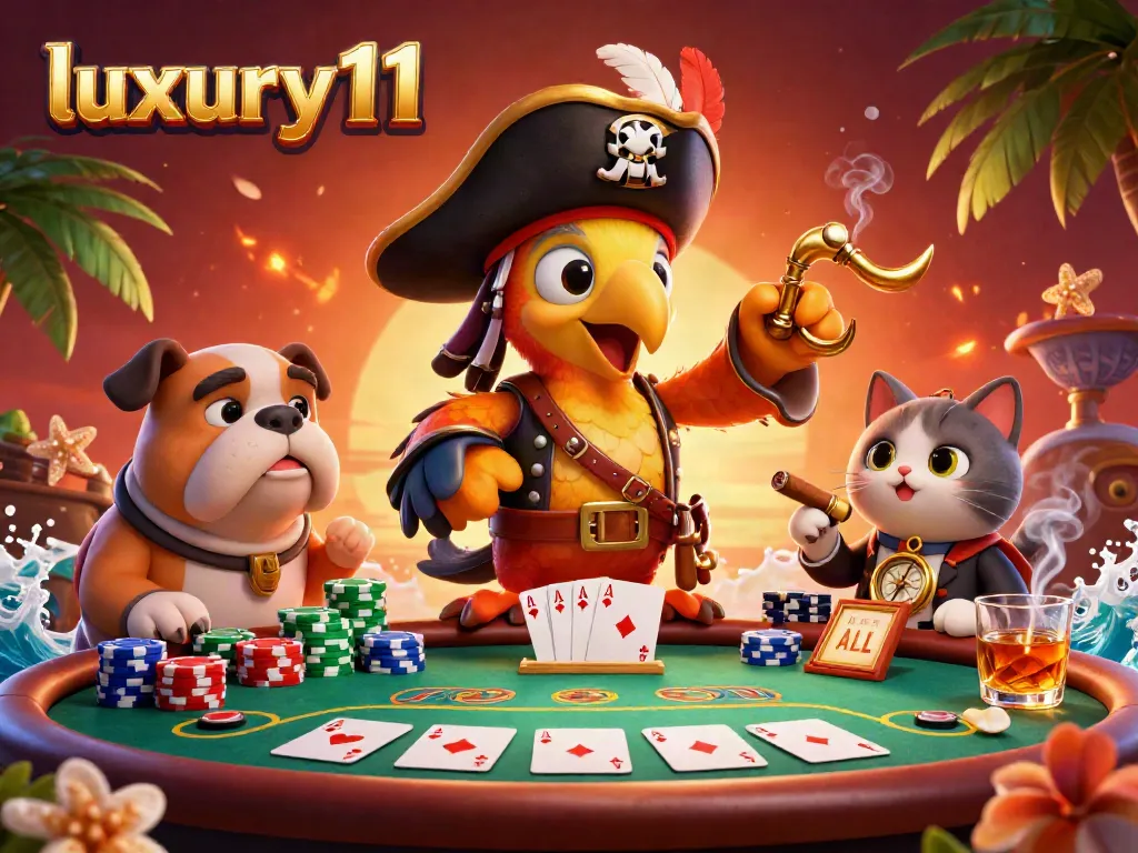 Action-packed gambling scene with luxury111 characters engaged in poker, highlighted by vibrant casino elements.