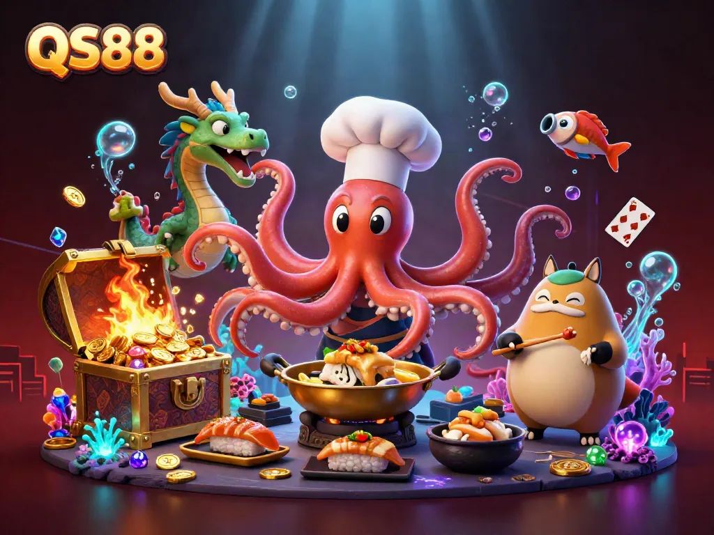 Engage with QS88's vibrant casino world featuring dynamic gambling scenes and colorful characters.