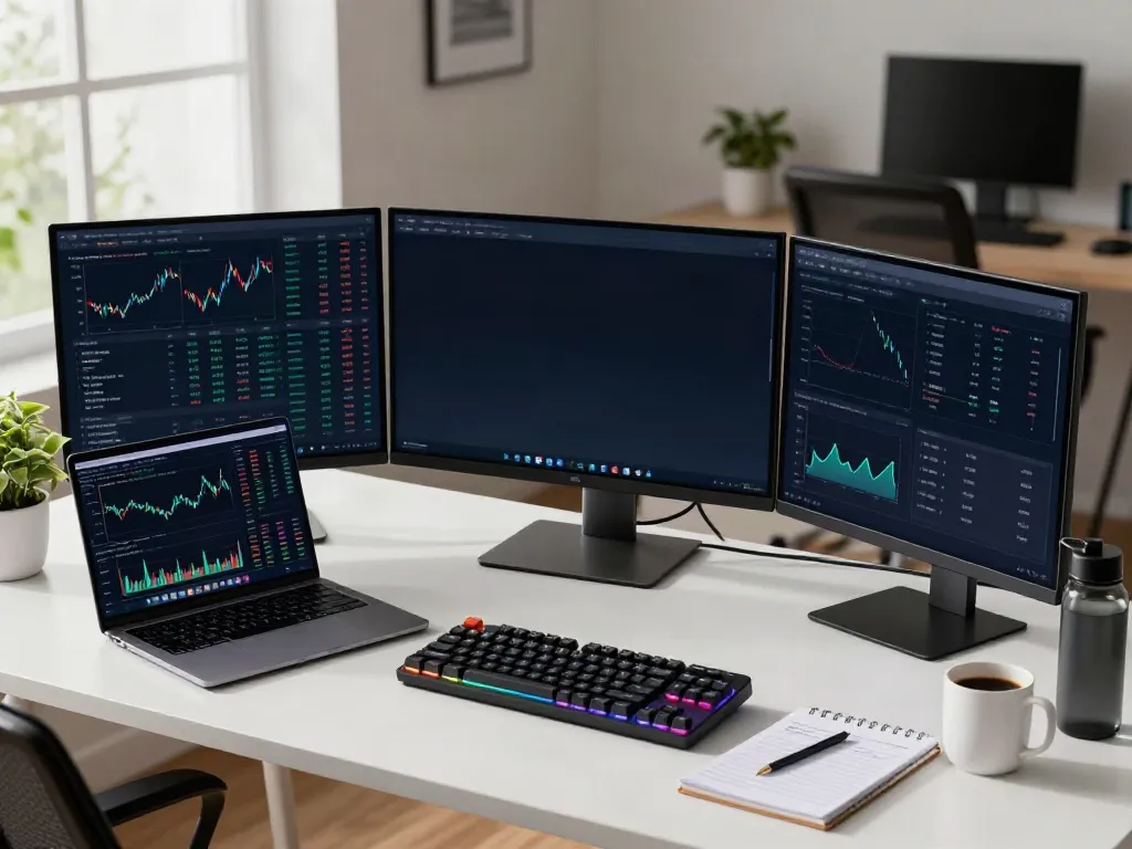 Nikkei 225 real-time API integrated into a modern crypto trading workspace with multiple monitors and digital wallet applications.