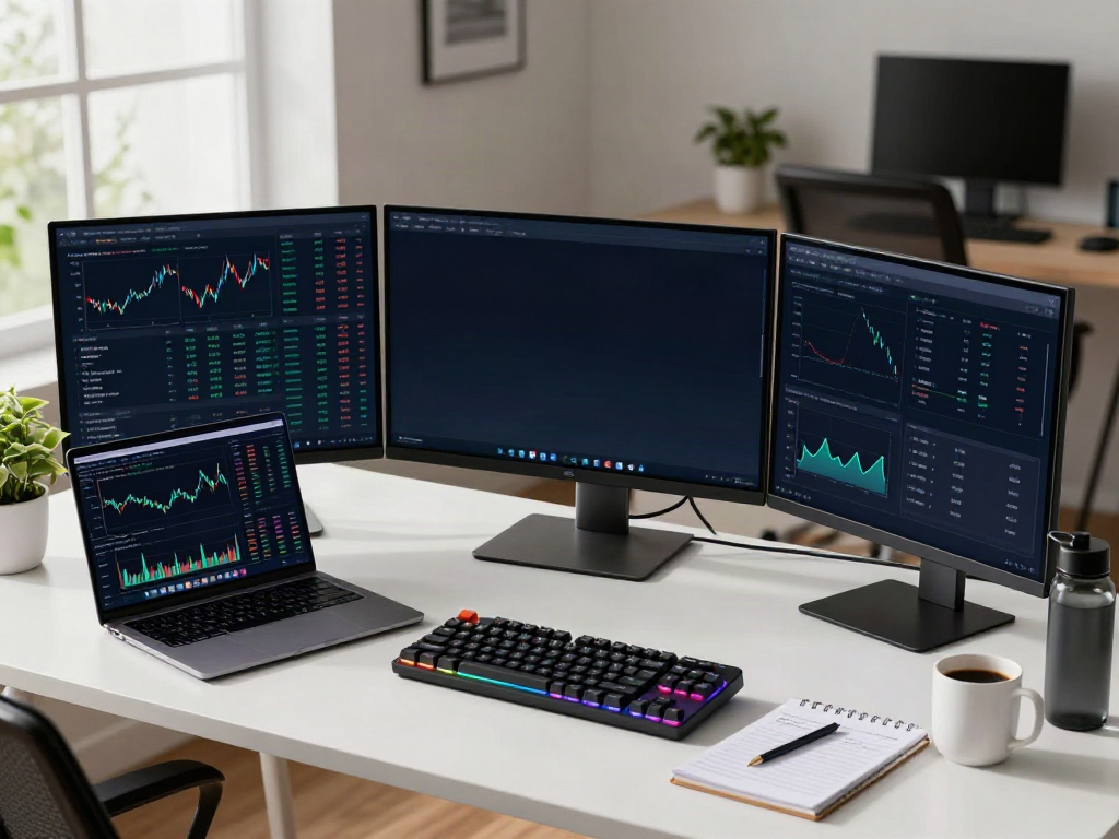 Nikkei 225 real-time API integrated into a modern crypto trading workspace with multiple monitors and digital wallet applications.