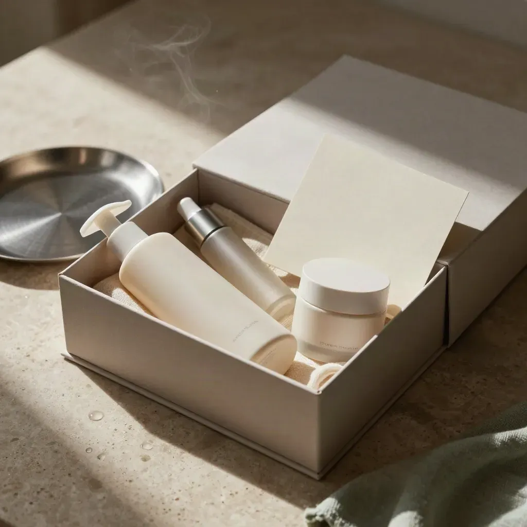 Open starter skincare set with cleanser, serum, cream on stone beside muslin and tray.