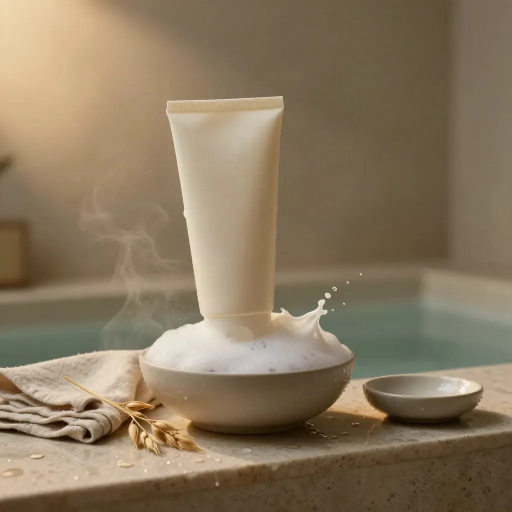 Milk-white cleanser bottle, foam bowl, linen and oat stems on a travertine bath ledge in rain haze.