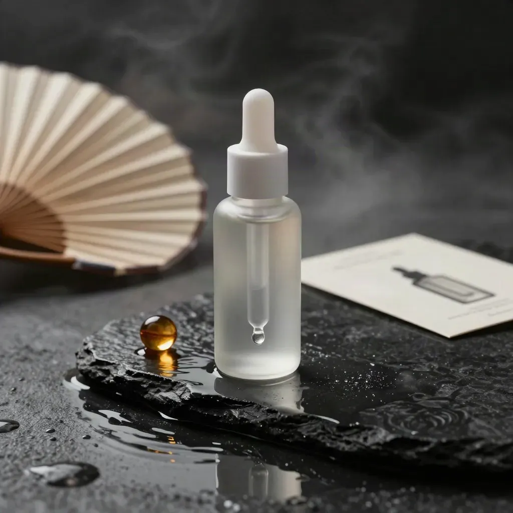 Glassy serum bottle on wet stone with a rice paper fan and amber bead under moody light