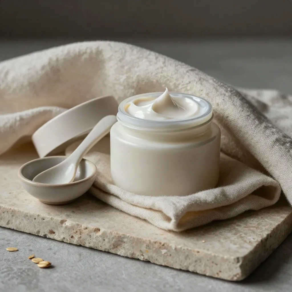 Open cream moisturizer jar in folded linen beside oat bowl and ceramic spoon.