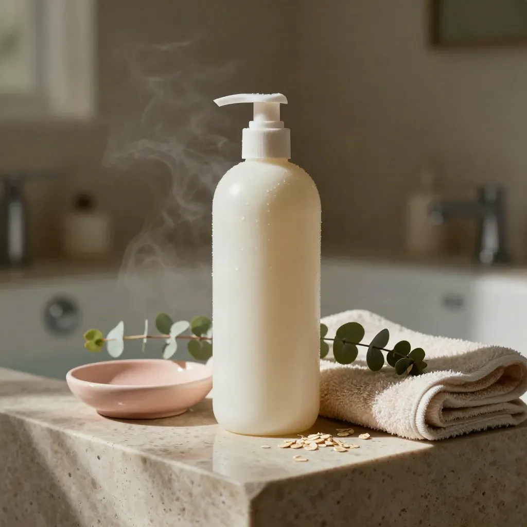 Tall lotion bottle with towel, soap dish, eucalyptus on steamed travertine bath stone.