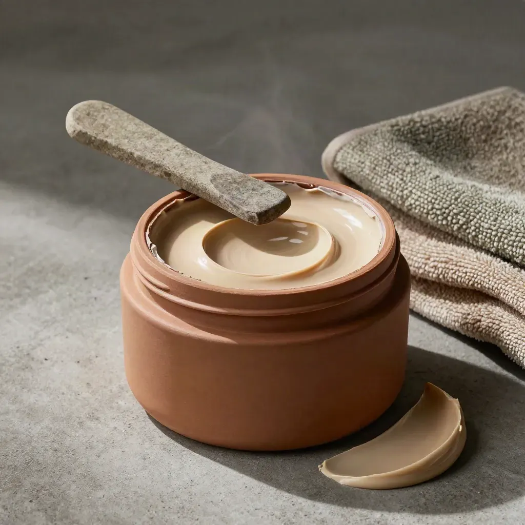 Open clay mask jar with stone spatula, crescent smear, and sage towel on brushed concrete.