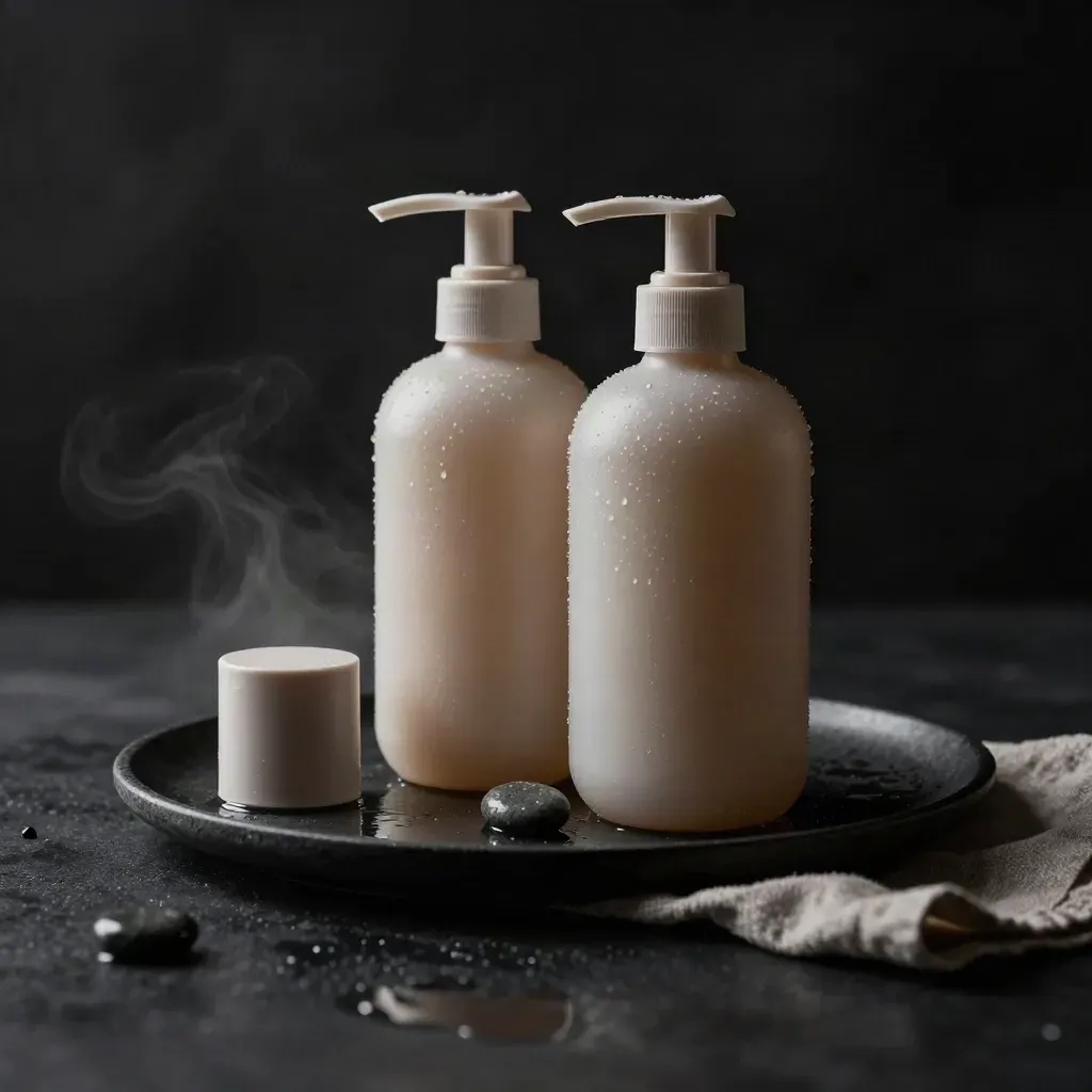 Two cleanser bottles on a wet charcoal tray with pebbles, linen strip, and cool mist.