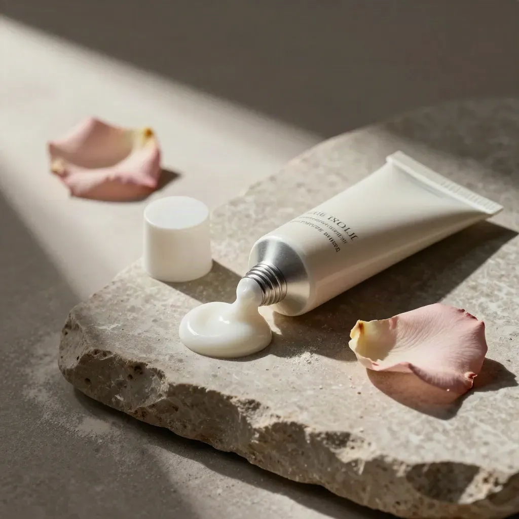 Hand cream tube, cap, cream ribbon, and rose petal on pale stone in soft light.
